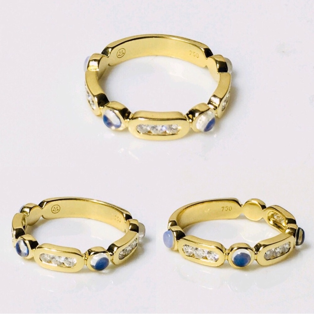 Vintage rare Movado 18K yellow gold moonstones and diamonds stunning band ring - Picture 6 of 10